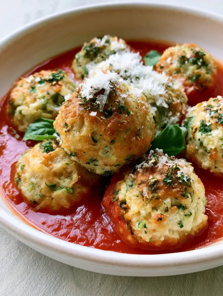 Baked Chicken Ricotta Meatballs: Ultra-Tender and Golden-Brown 1 Tender chicken meatballs with ricotta, garnished with parmesan and basil leaves, served over a smooth red marinara sauce.