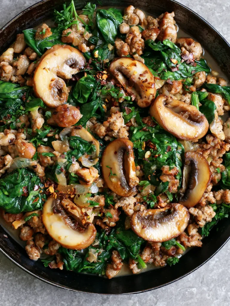 Ground Turkey Spinach Mushroom Skillet: The Ultimate 20-Minute High-Protein Weeknight Dinner 1 Close up of the savory pan sauce coating the ground turkey and mushrooms. (Ground Turkey Spinach Mushroom Skillet)