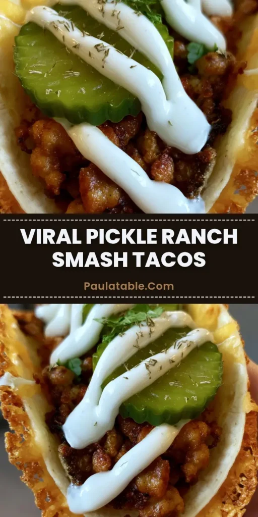 Dill Pickle Ranch Smash Chicken Tacos with a Crispy Cheddar Skirt 4 A handheld smash chicken taco with a wide crispy cheddar skirt, topped with crinkle-cut pickles and a ranch drizzle. (Dill Pickle Ranch Smash Chicken Tacos)