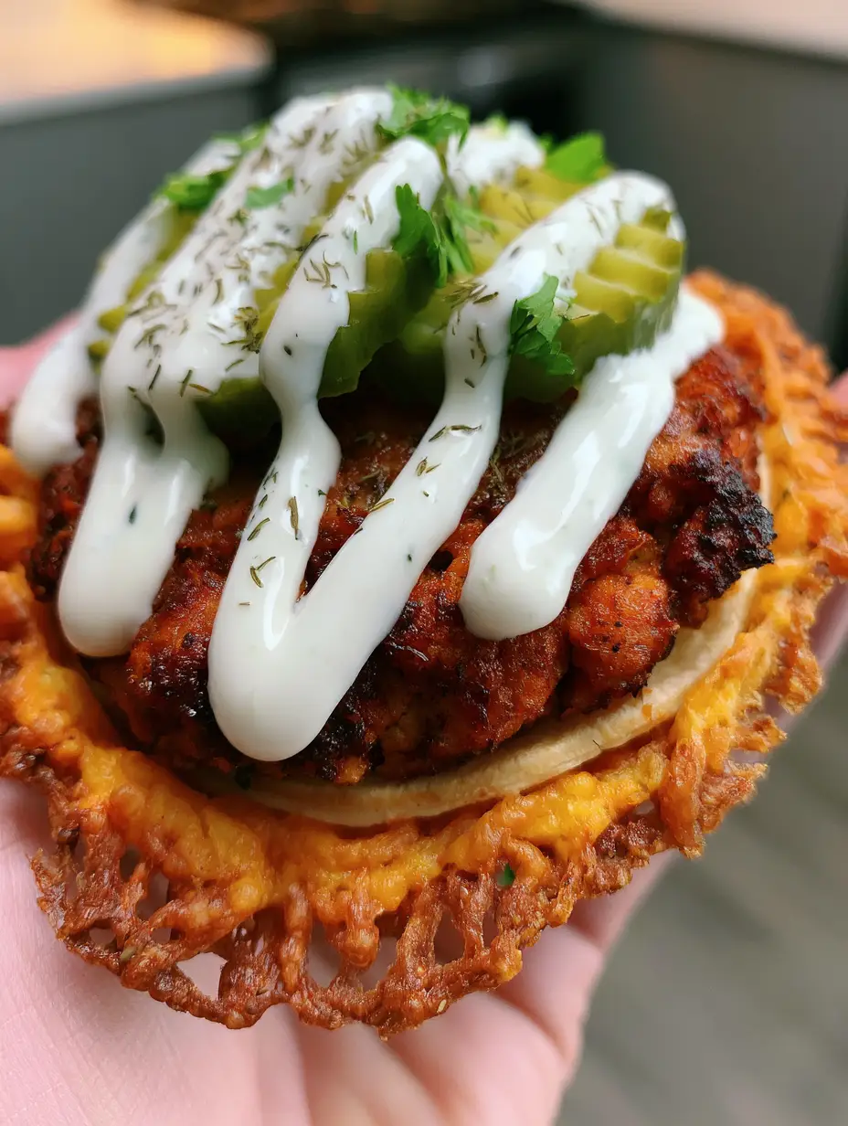 A smartphone photo of a smash chicken taco being held, showing the deeply browned meat and thick ranch dressing. (Dill Pickle Ranch Smash Chicken Tacos)