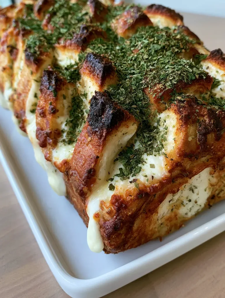 Close-up of toasted cheese crust and dark-charred peaks on Italian Herb and Cheese Bread.
