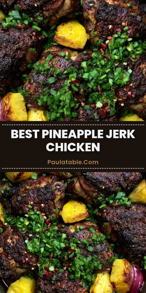 A dark ceramic dish filled with charred Jamaican Pineapple Jerk Chicken, caramelized pineapple chunks, and red onions garnished with scallions.