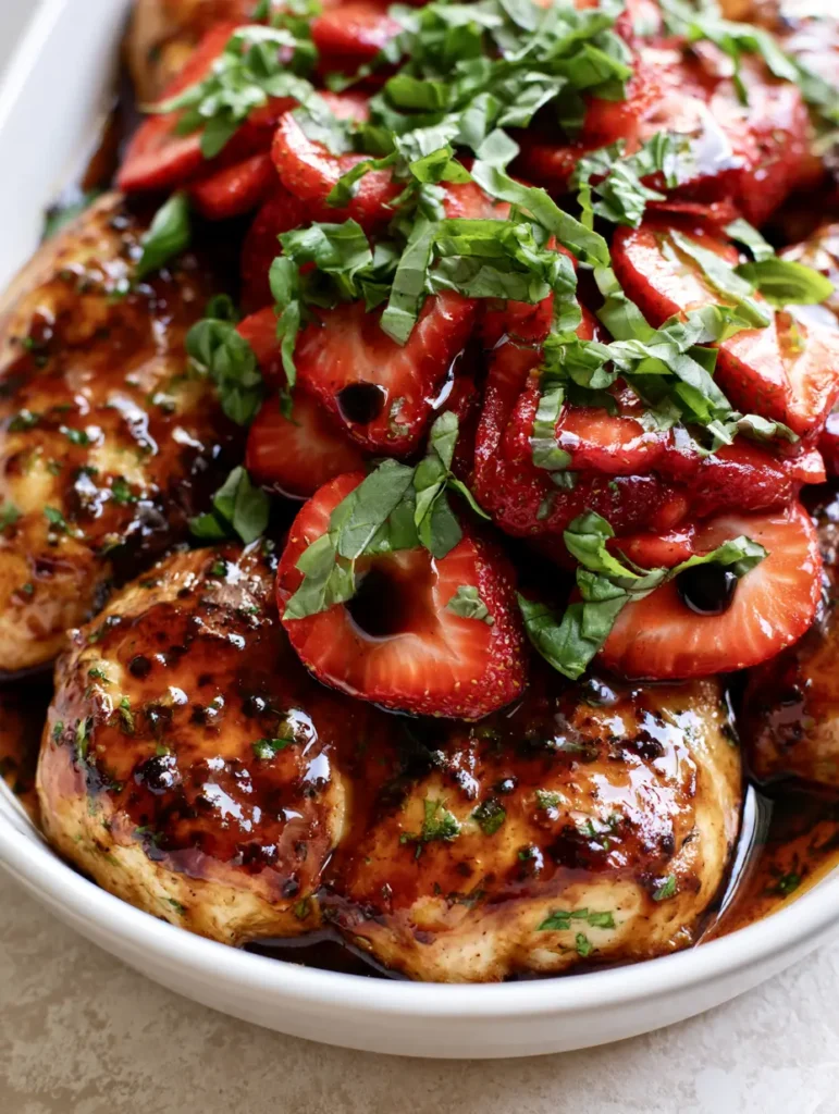 Top-down view of Strawberry Basil Chicken in a white ceramic dish with glossy balsamic honey glaze.