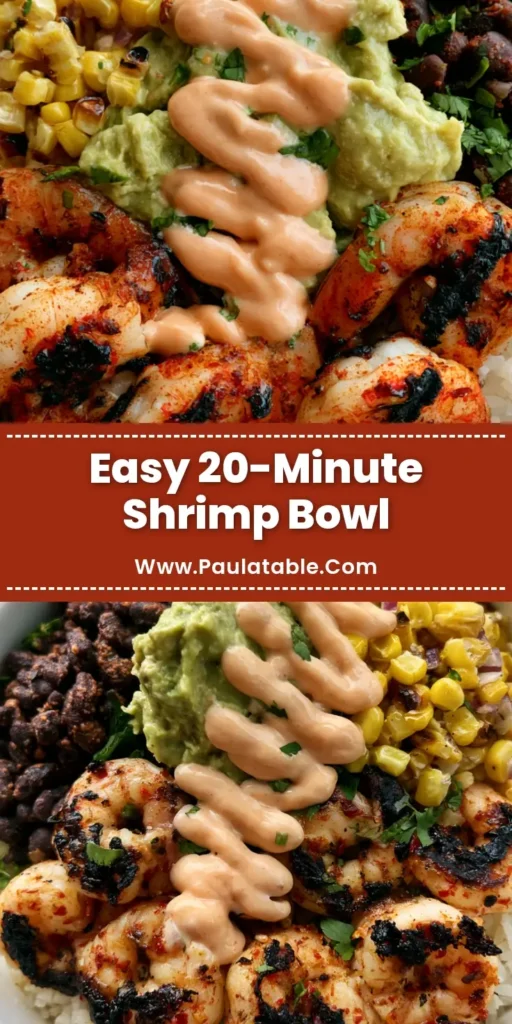 Grilled Shrimp Bowl with Creamy Chipotle Sauce 4 A vibrant Grilled Shrimp Bowl featuring charred chili shrimp, smooth mashed avocado, roasted corn, and black beans on white rice with a zig-zag of orange chipotle sauce.