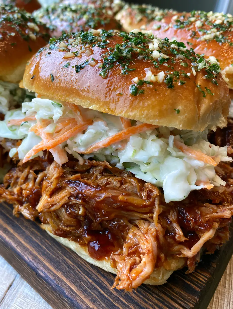 Close up of shredded pulled pork and reddish-brown BBQ sauce inside a Hawaiian Roll Pulled Pork Slider.