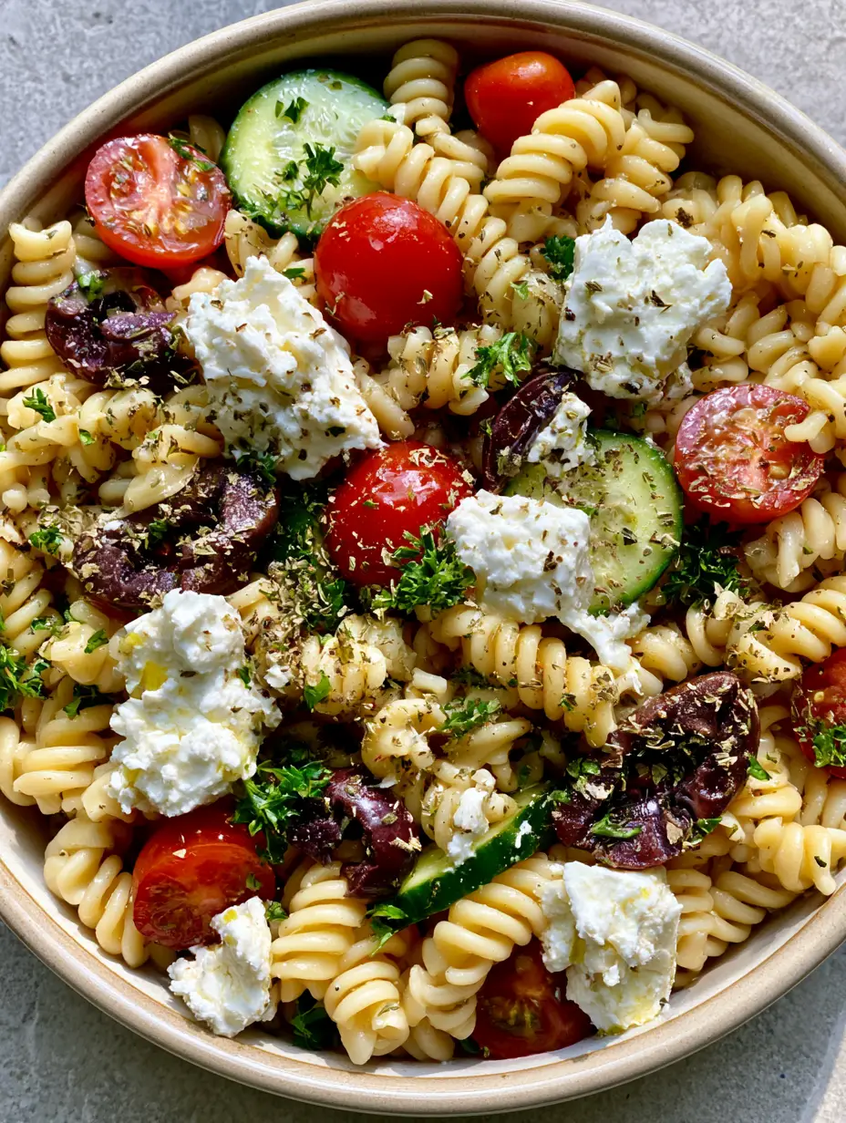 A top-down view of a ceramic bowl containing cooked rotini pasta mixed with halved bright red cherry tomatoes and sliced green cucumbers. (Mediterranean Pasta Salad)