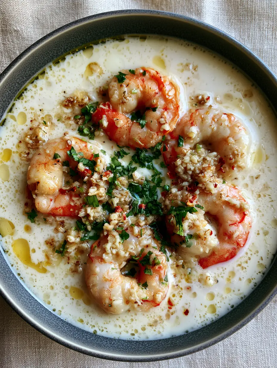Creamy Coconut Garlic Shrimp: A 20-Minute Gourmet Dinner 3 Top-down view of Creamy Coconut Garlic Shrimp showing velvety sauce texture and golden oil droplets.