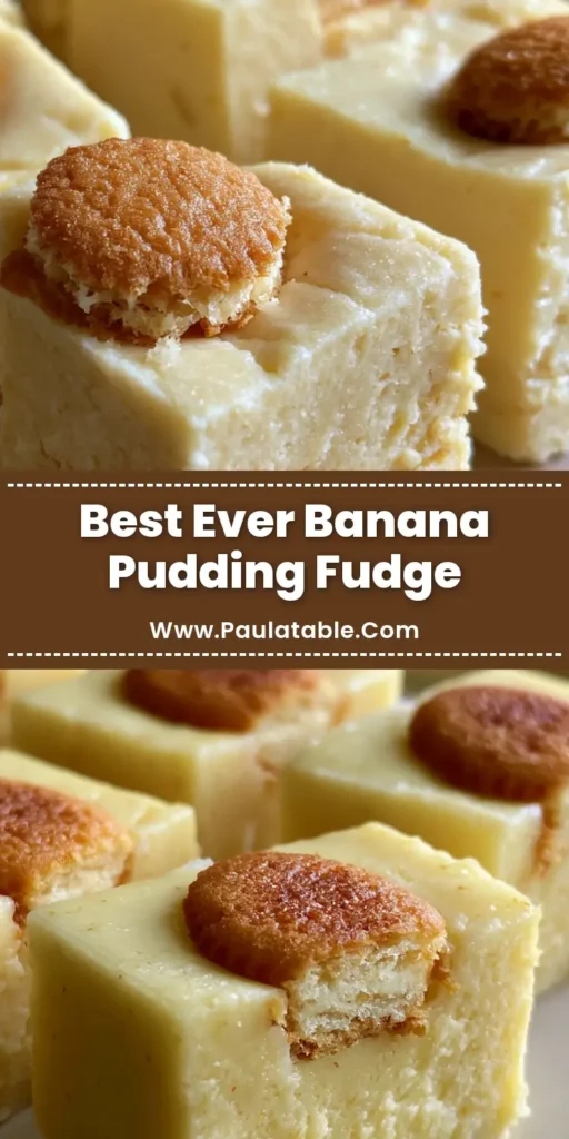 A tall vertical shot of creamy pale yellow Banana Pudding Fudge squares topped with mini vanilla wafers, perfect for Pinterest.