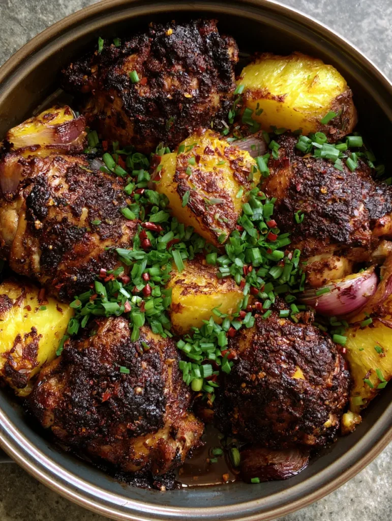 Close up of the dark savory glaze and scallion garnish on Jamaican Pineapple Jerk Chicken.