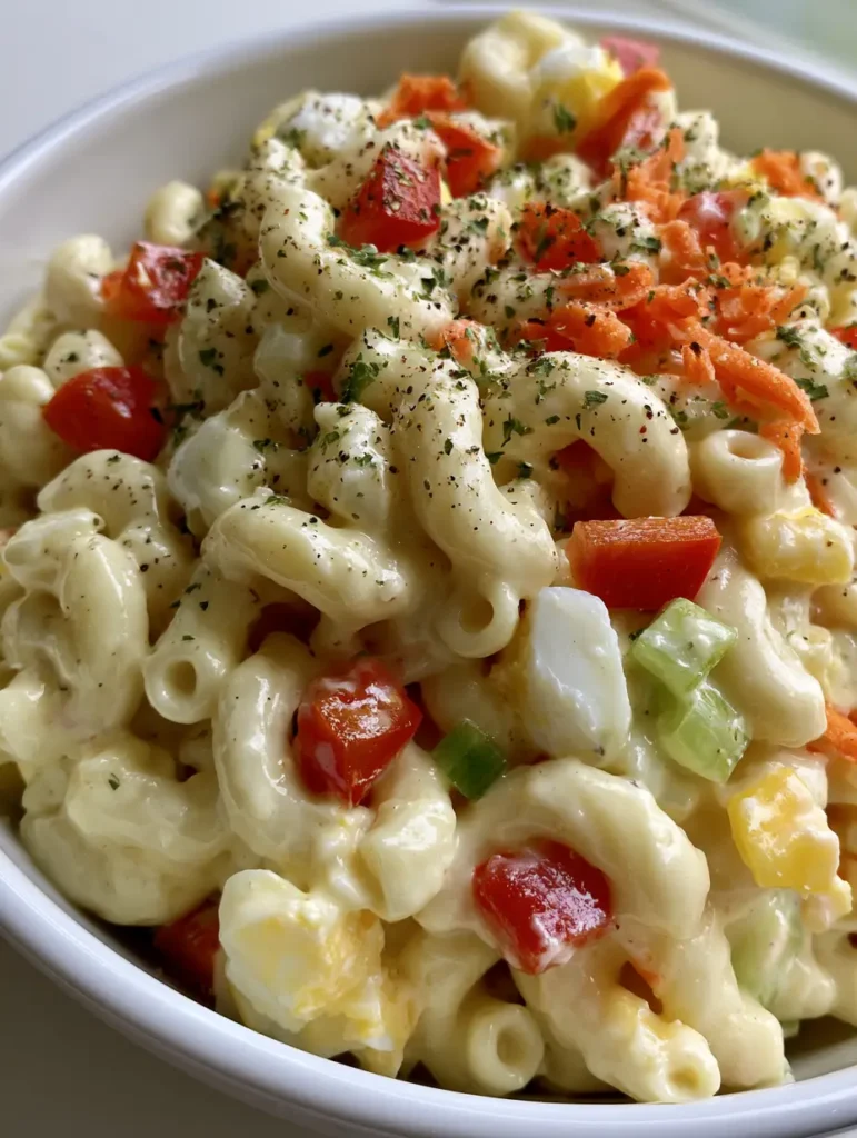 High-angle view of Amish Pasta Salad with elbow macaroni, thick yellow dressing, and diced red bell peppers. (Amish Pasta Salad)