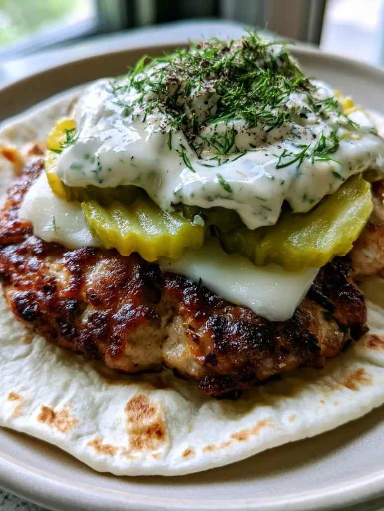 Top view of Dill Pickle Ranch Smash Tacos on a ceramic plate, garnished with fresh dill and cracked black pepper.