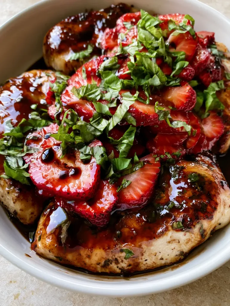 Detailed close-up of seared chicken with herb flecks and sliced strawberries under natural light.
