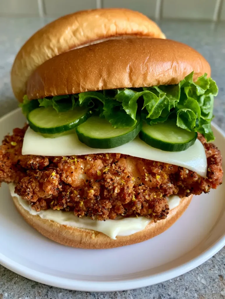 Handheld photo of a Crispy Lemon Pepper Chicken Sandwich showing the thick golden-brown breading and lemon zest flecks.