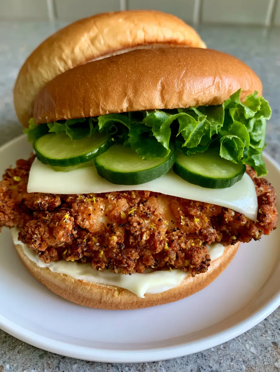 Handheld photo of a Crispy Lemon Pepper Chicken Sandwich showing the thick golden-brown breading and lemon zest flecks.
