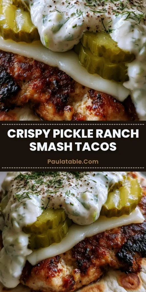 A handheld shot of a Dill Pickle Ranch Smash Taco featuring a crispy chicken patty, melted Monterey Jack cheese, and crinkle-cut pickles drizzled with ranch.