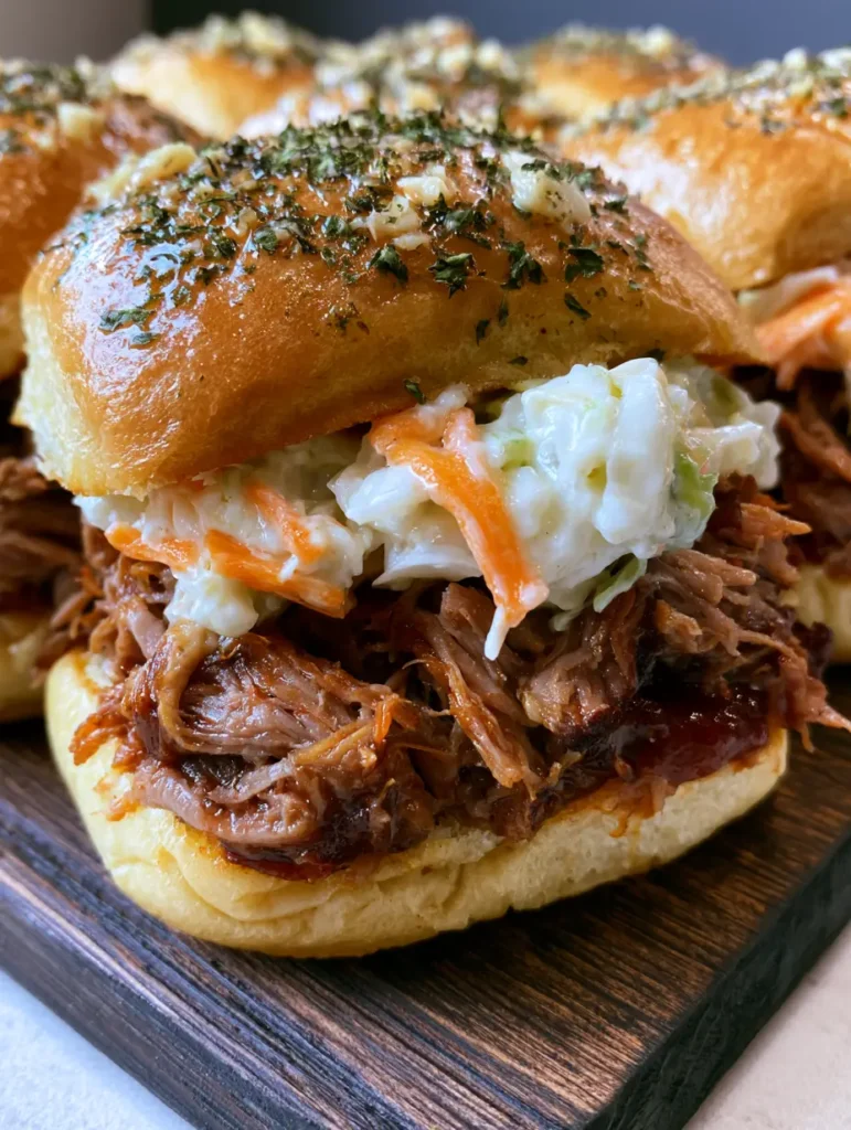 Golden-brown Hawaiian Roll Pulled Pork Sliders topped with garlic and parsley butter on a dark wooden board.
