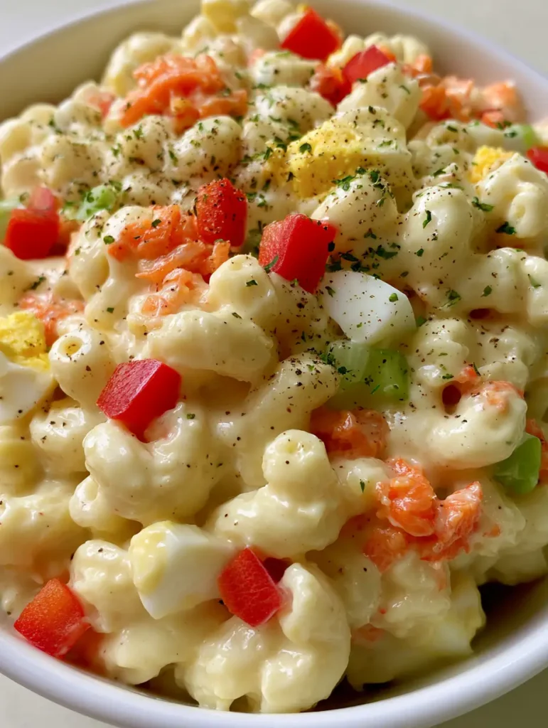 Close-up of Amish Pasta Salad showing shredded carrots and chunks of hard-boiled egg topped with black pepper and parsley.