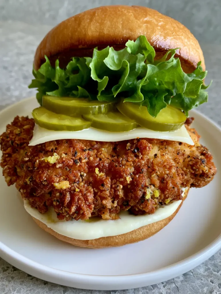 Close-up of the Crispy Lemon Pepper Chicken Sandwich layers including pickles, lettuce, and melted provolone.