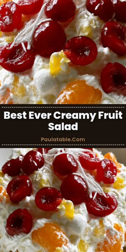 A tall vertical shot of Better Than Sex Fruit Salad in a white bowl, featuring creamy whipped base, orange mandarins, and bright red cherries.