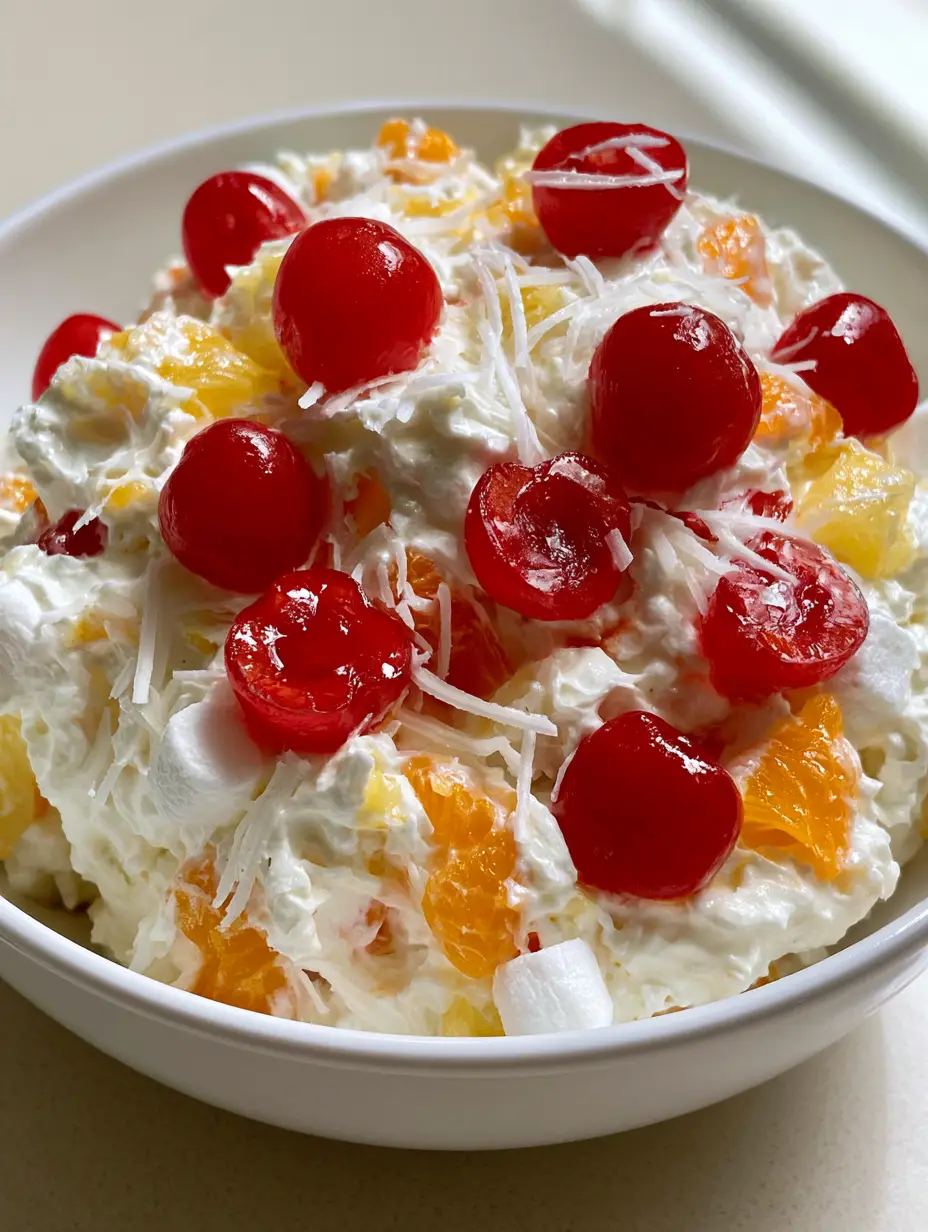 Close-up smartphone photo of Better Than Sex Fruit Salad showing creamy texture, mandarin segments, and long-strand coconut.