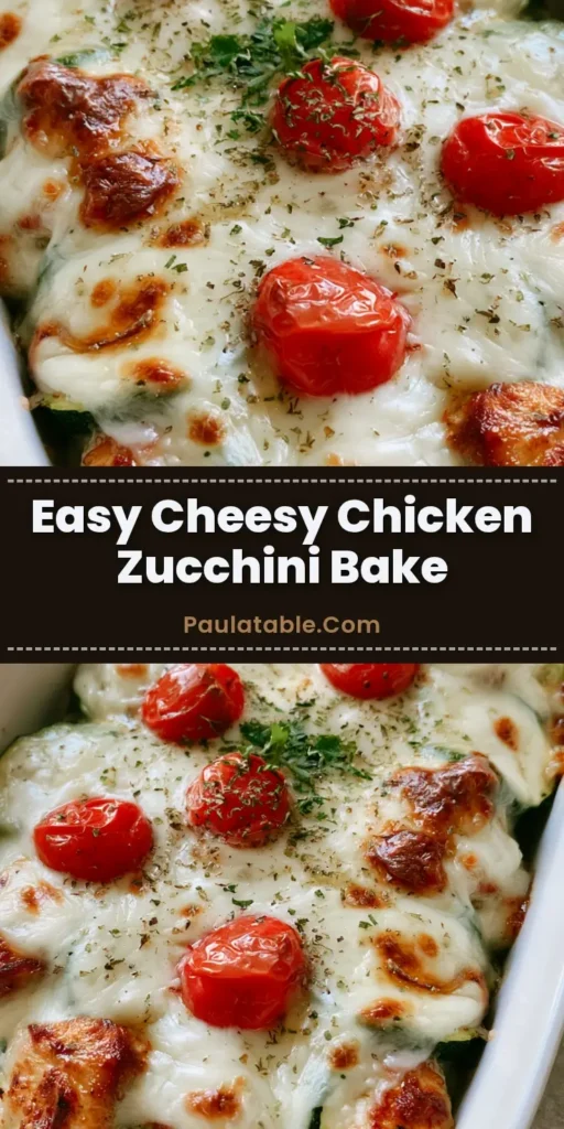 A close-up vertical shot of a cheesy Chicken Zucchini Bake in a white ceramic dish with blistered cherry tomatoes and fresh parsley.