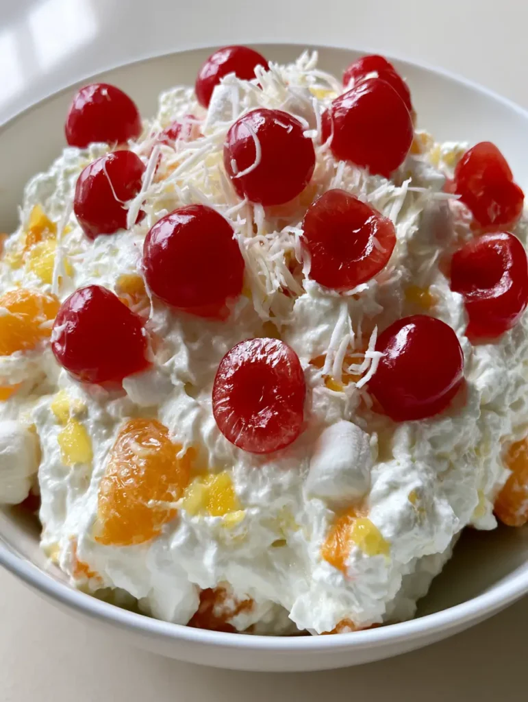A handheld photo of a bowl of Better Than Sex Fruit Salad garnished with whole and halved maraschino cherries.
