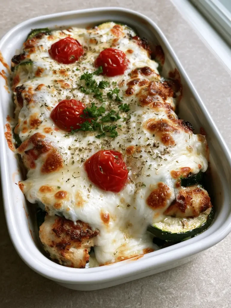 Overhead view of a Chicken Zucchini Bake featuring golden-brown cheese spots and blistered red cherry tomatoes.