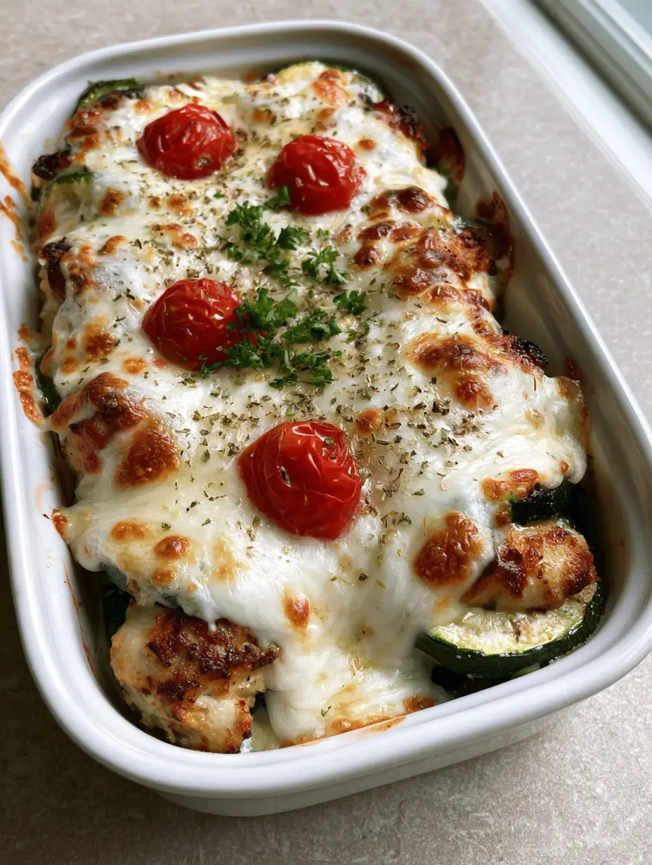 Overhead view of a Chicken Zucchini Bake featuring golden-brown cheese spots and blistered red cherry tomatoes.