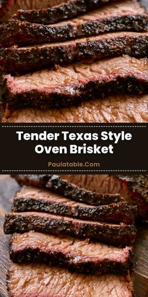Thick-sliced Oven Baked Beef Brisket on a dark wooden board showing a peppery charred bark and glistening pink interior.