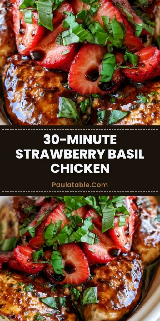 A close-up of Strawberry Basil Chicken featuring seared chicken topped with sliced berries and fresh basil in a balsamic glaze.