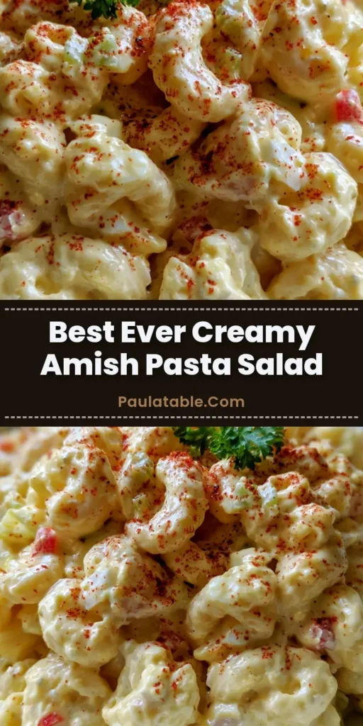 A close-up vertical view of Amish Pasta Salad in a white bowl showing the creamy yellow dressing and diced eggs.