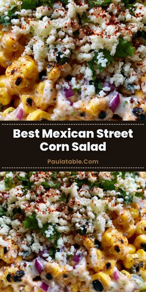 A tall Pinterest pin showing a white bowl of Mexican Street Corn Salad with charred corn, cotija cheese, and cilantro. (Mexican Street Corn Salad)