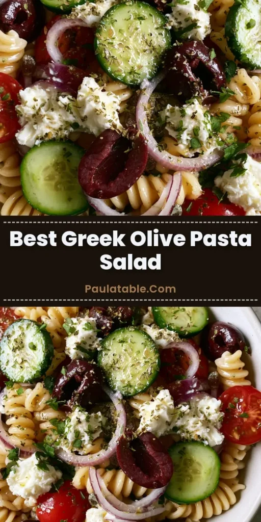 A close-up vertical shot of Greek Pasta Salad with rotini, olives, and feta, perfect for Pinterest.