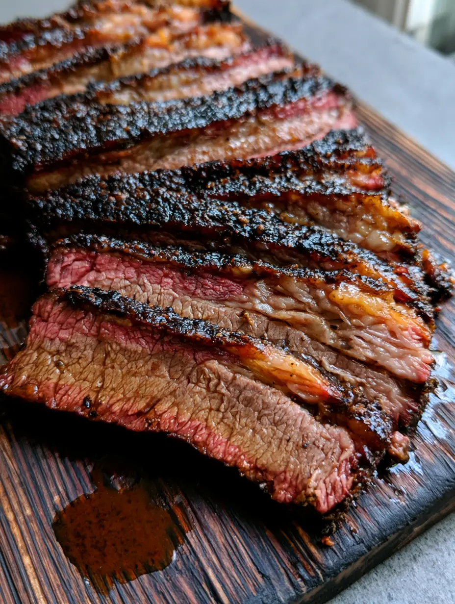 Close-up of Oven Baked Beef Brisket slices showing rendered fat and natural juices.