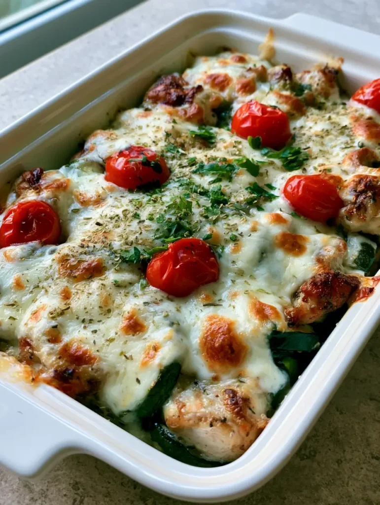 Close up shot of melted mozzarella cheese with dried oregano flakes and seared chicken in a white baking dish.