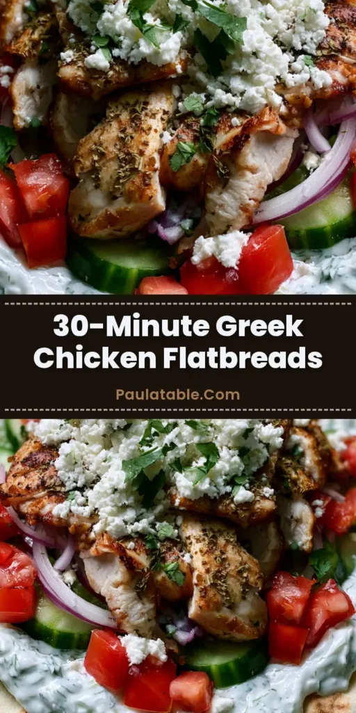 A handheld smartphone photo of a Greek Chicken Flatbread with seared chicken, creamy tzatziki, and fresh vegetables on a toasted pita.