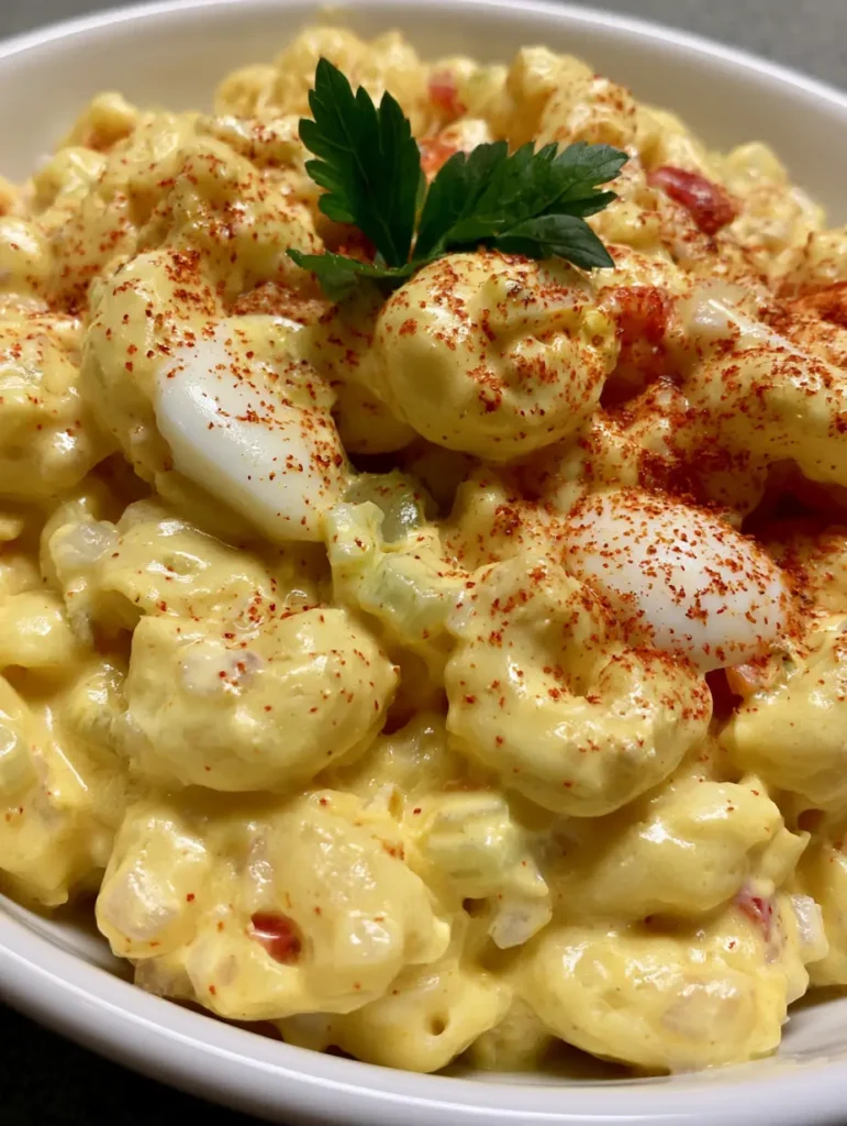 A handheld smartphone photo of Amish Pasta Salad in a plain white ceramic bowl featuring elbow macaroni and a thick glossy dressing.