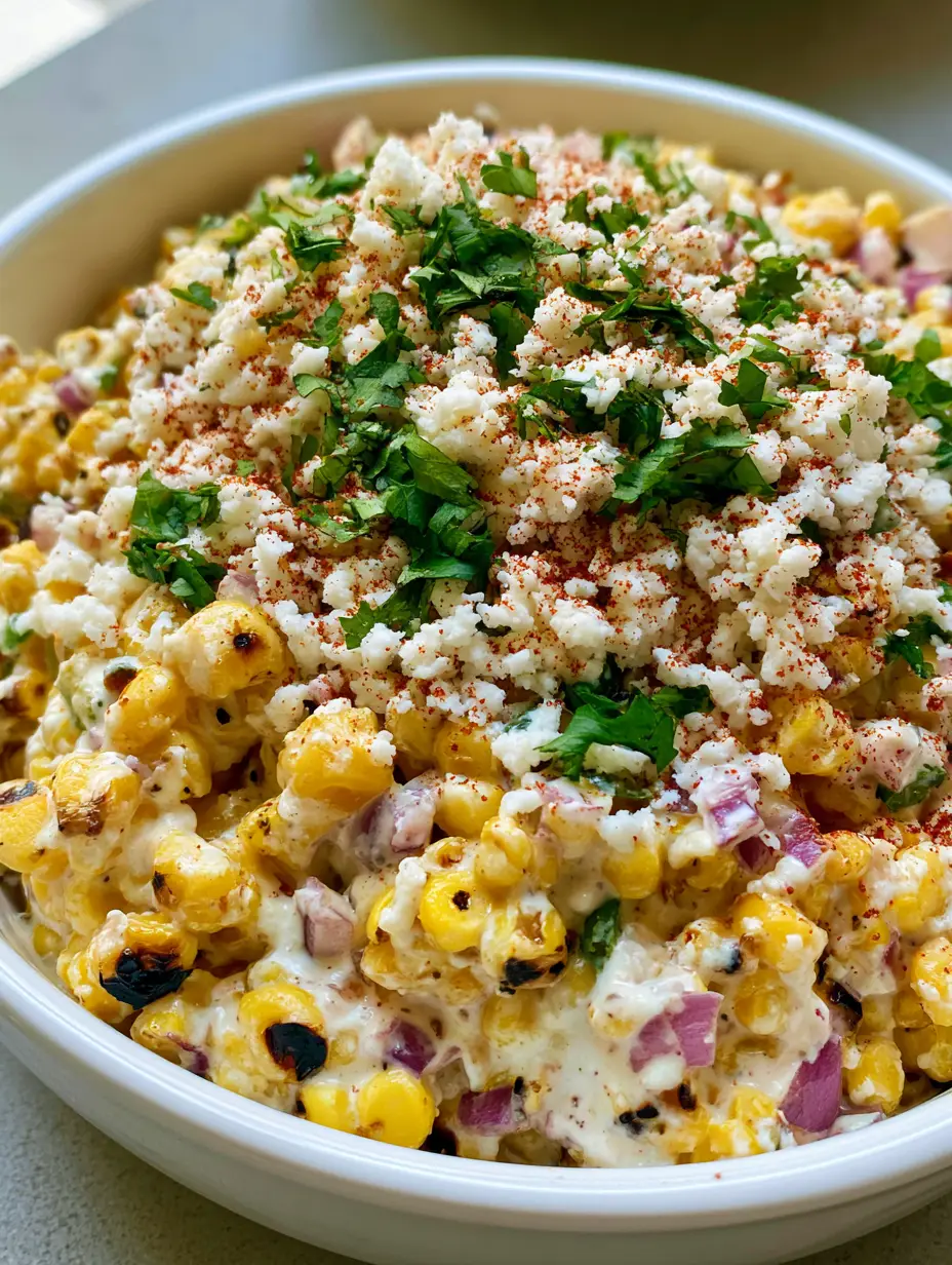 Close up handheld photo of charred Mexican Street Corn Salad in a white ceramic bowl with visible lime-crema dressing. (Mexican Street Corn Salad)