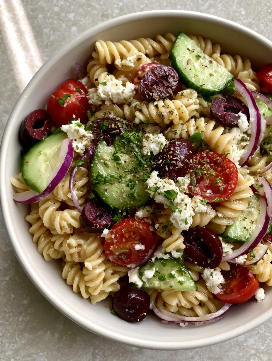 Top-down view of Greek Pasta Salad in a matte white bowl featuring rotini pasta, Kalamata olives, and feta cheese.