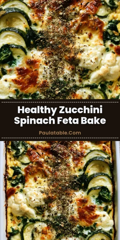 A top-down view of a golden-brown Zucchini Spinach and Feta Casserole in a white ceramic dish, featuring overlapping zucchini slices and melted feta chunks.