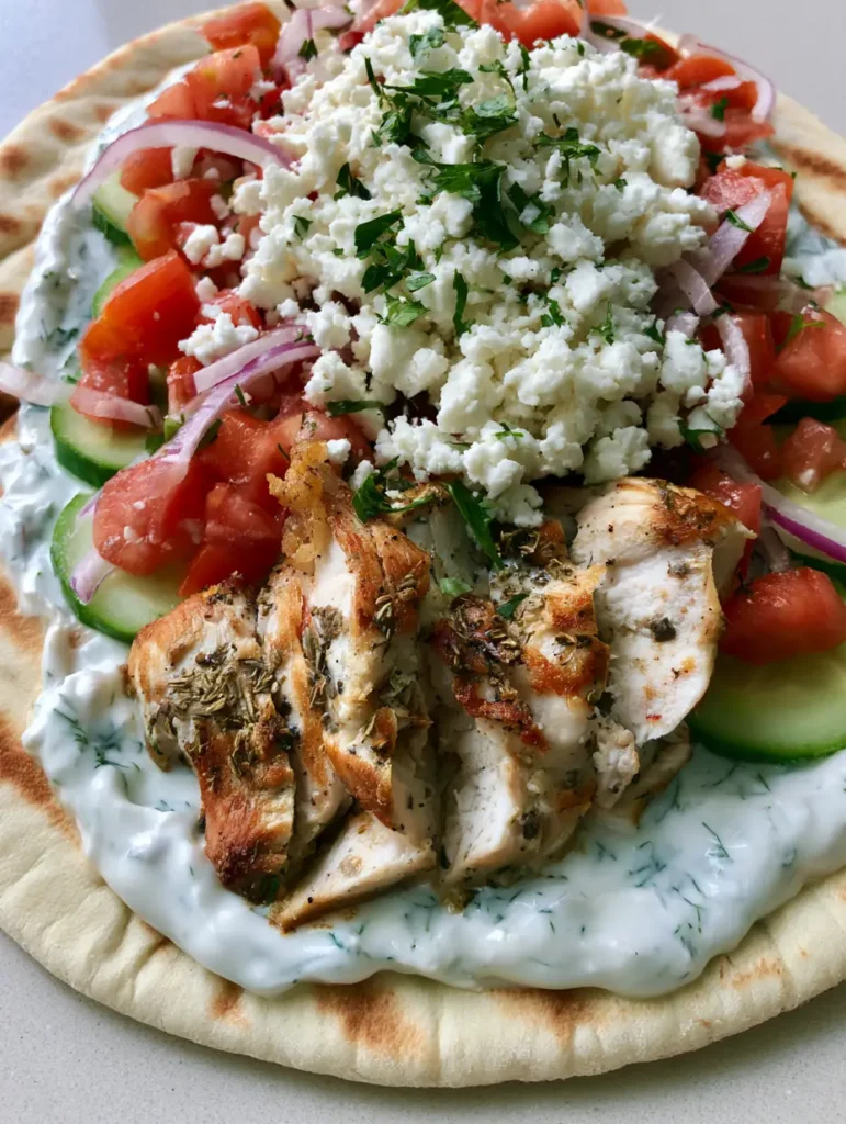 Close-up of Greek Chicken Flatbread showing golden-brown seared chicken and thick creamy tzatziki sauce.