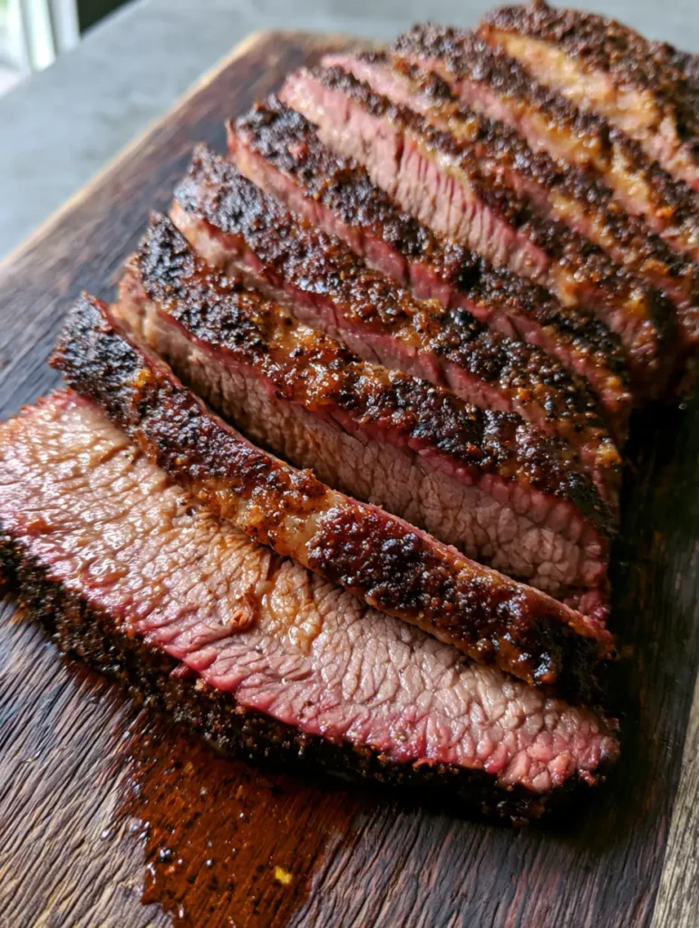 Slices of Oven Baked Beef Brisket with a distinct peppery charred bark crust on a rustic surface.