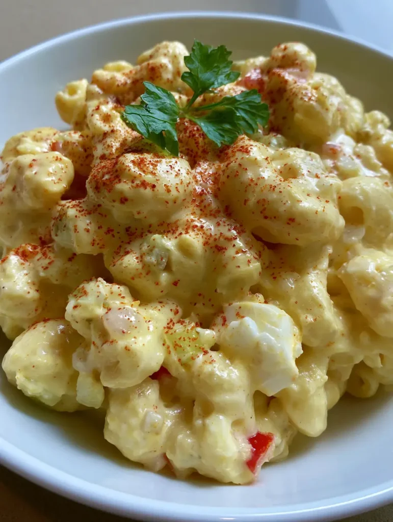 Overhead view of Amish Pasta Salad with visible chunks of egg whites, red bell peppers, and a dusting of red paprika.