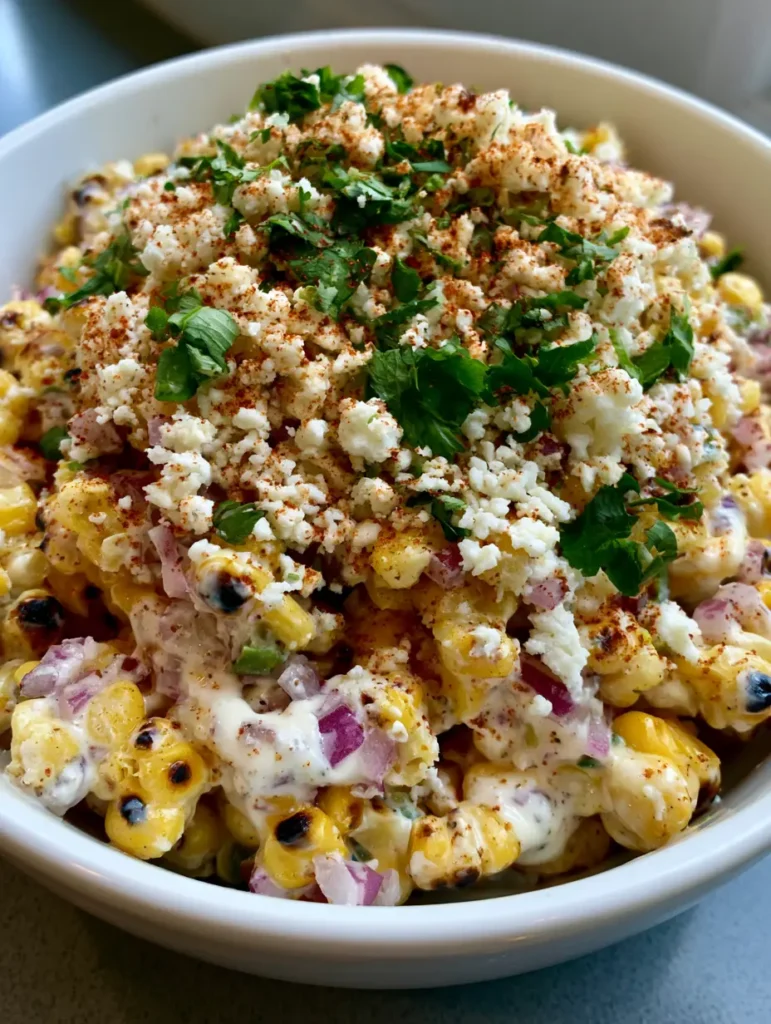 Top down view of Mexican Street Corn Salad garnished with crumbled cotija cheese, red onion, and chili powder.