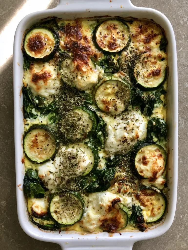 Close-up of a baked Zucchini Spinach and Feta Casserole showing charred zucchini edges and vibrant spinach leaves.