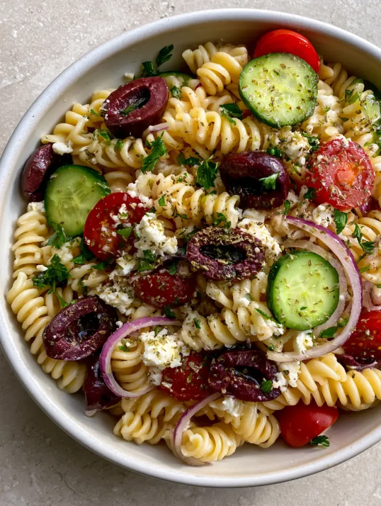 Close-up of Greek Pasta Salad showing the glistening herb vinaigrette on rotini pasta spirals.