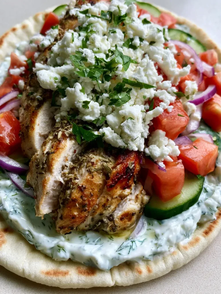Greek Chicken Flatbread topped with diced tomatoes, sliced cucumbers, red onions, and crumbled feta cheese.