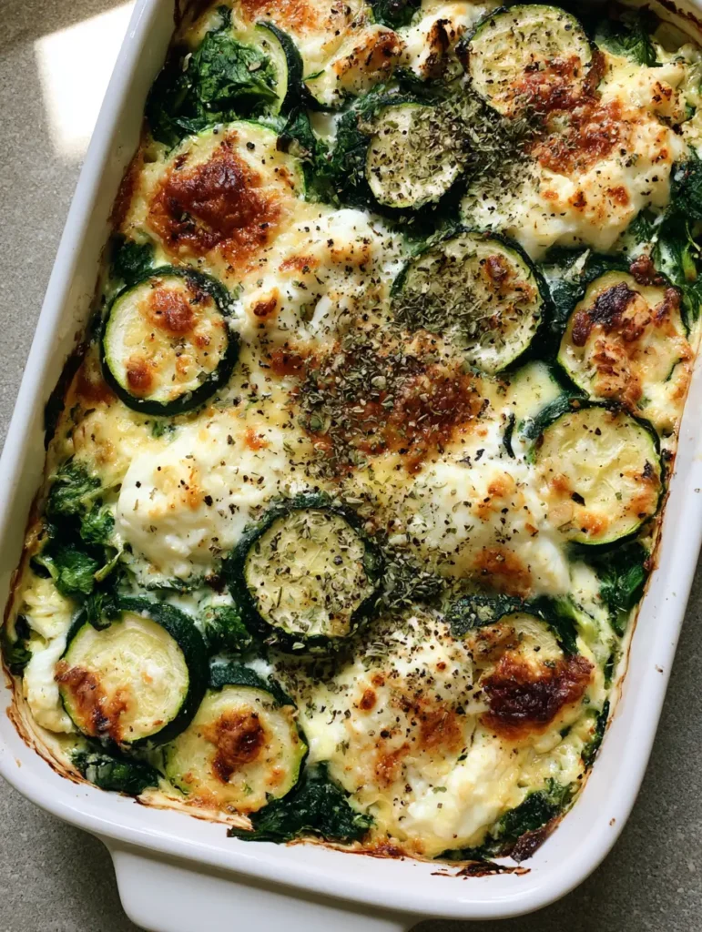 A freshly baked Zucchini Spinach and Feta Casserole garnished with dried oregano and black pepper on a grey stone countertop.