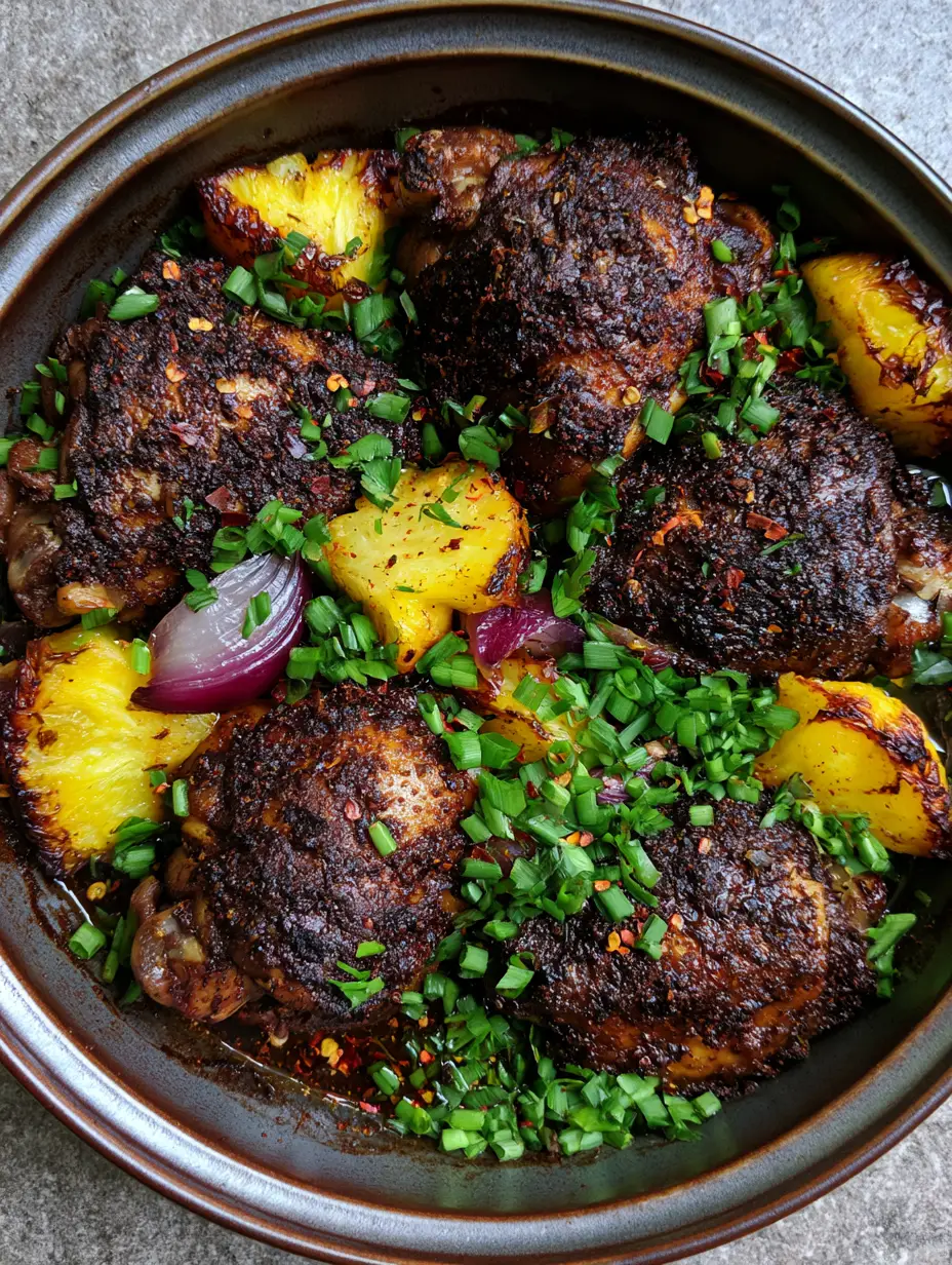 Top-down view of roasted Pineapple Jerk Chicken thighs in a dark baking dish with golden pineapple chunks.
