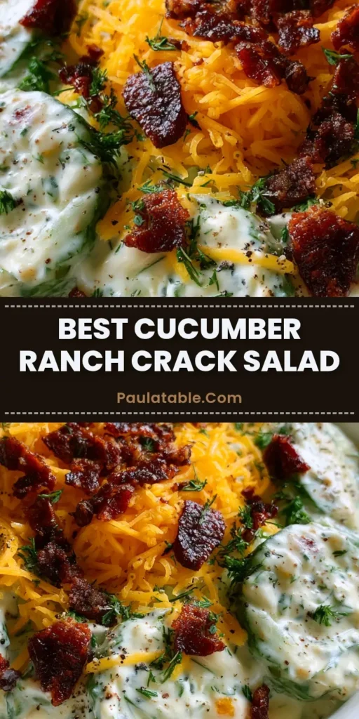 A handheld smartphone photo of a white ceramic bowl filled with Cucumber Ranch Crack Salad, featuring thick cucumber rounds, bright orange cheese, and dark bacon bits.